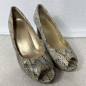 Stuart Weitzman Pumps Womens 7 Brown Snake Print Leather Peep Toe Platform Heels